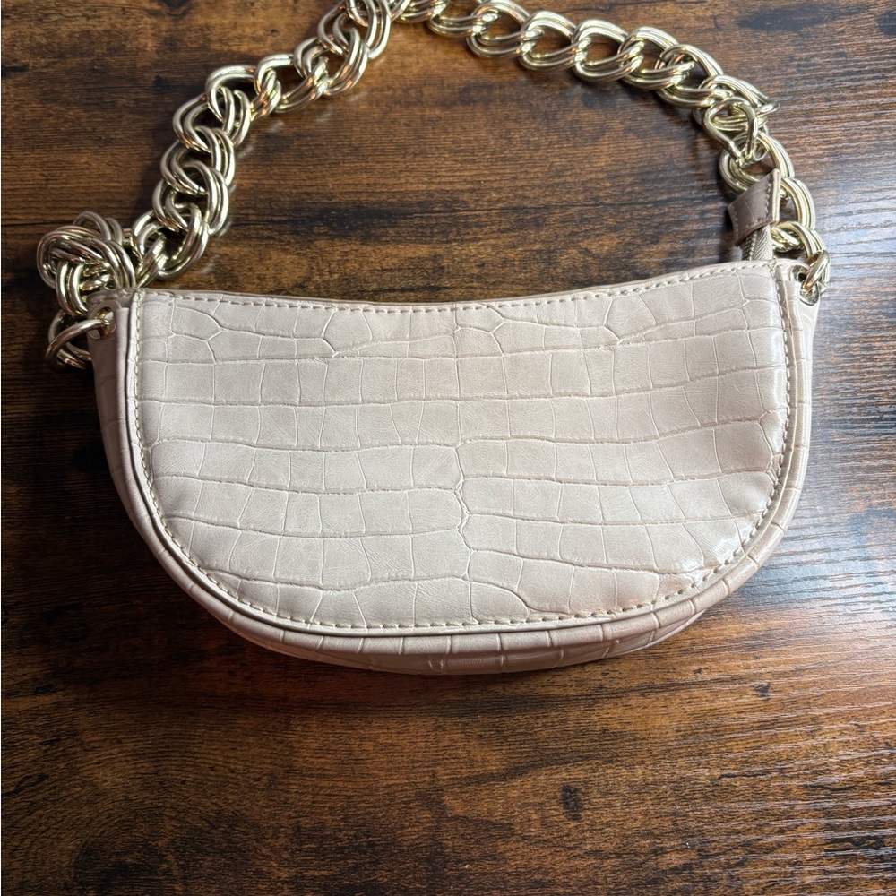 Zara Beige Croc-Embossed Shoulder Bag with Gold Chain